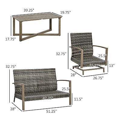 Outsunny 4 PCS Patio Furniture Set w/ Rattan Rocking Chair Table Gray