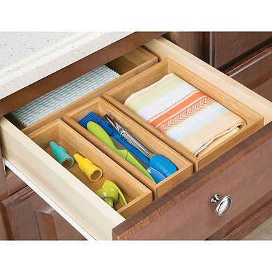 mDesign Stackable 9" Long Wooden Drawer Organizer - 4 Pack - Natural Wood