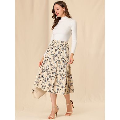 Women's Elastic Waist Layers Vintage Pockets Floral Midi Skirt