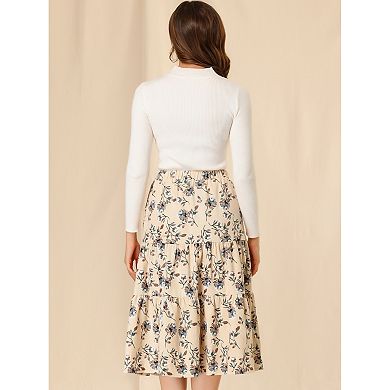 Women's Elastic Waist Layers Vintage Pockets Floral Midi Skirt