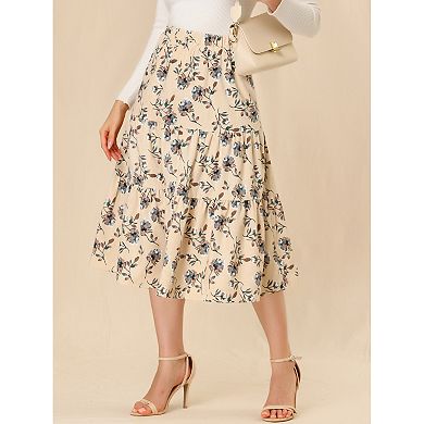 Women's Elastic Waist Layers Vintage Pockets Floral Midi Skirt