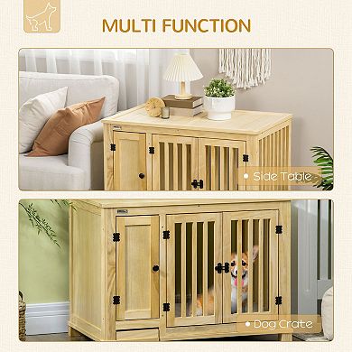 PawHut Small Dog Crate Furniture with Cabinet & Soft Chenille Fabric Cushion, Wooden Dog Crate End Table with Hidden Food Bowl in Drawer, Indoor Dog Kennel Furniture Bed, Natural