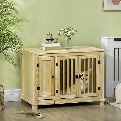 PawHut Small Dog Crate Furniture with Cabinet & Soft Chenille Fabric Cushion, Wooden Dog Crate End Table with Hidden Food Bowl in Drawer, Indoor Dog Kennel Furniture Bed, Natural