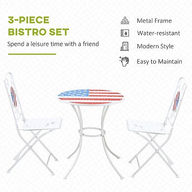 3pc Outdoor Patio Dining Set, Folding Chair 2, Table, American Flag Mosaic