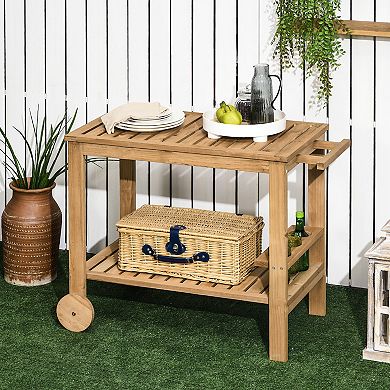 Outsunny Outdoor Wood Bar Cart Patio Serving Cart with Wine Holders, Natural