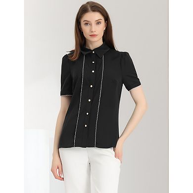Button Down Shirt For Women's Collared Contrast Trim Puff Short Sleeve Blouse