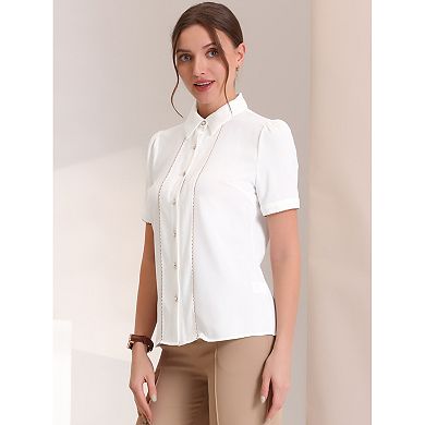 Button Down Shirt For Women's Collared Contrast Trim Puff Short Sleeve Blouse