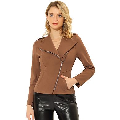 Women's Notched Lapel Long Sleeves Zipper Motorcycle Jacket