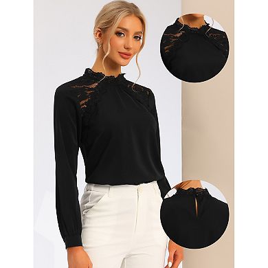Women's Elegant Stand Collar Long Sleeve Lace Panel Blouse Top