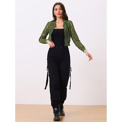 Women's Sheer Crochet Lace Long Sleeve Zipper Cropped Bomber Jacket