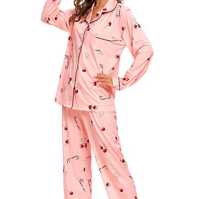 Women's Sleepwear Lounge Cute Print Nightwear with Pants Long Sleeve Pajama Sets