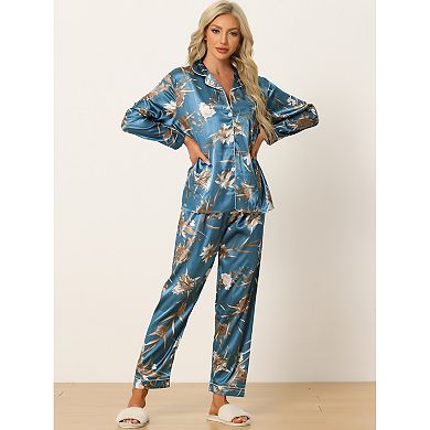 Women's Pajama Set Soft Satin Silky Floral Printed Button Down Shirt And Pants Sleepwear 2pcs