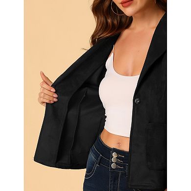 Women's Faux Suede Button Up Casual Open Front Drawstring Long Sleeve Blazer