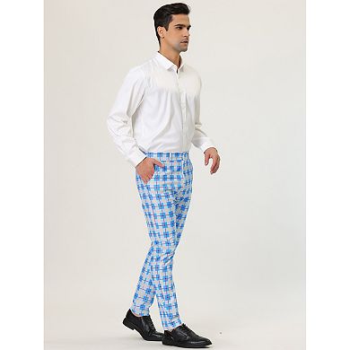 Men's Formal Color Block Slim Fit Flat Front Plaid Dress Pants