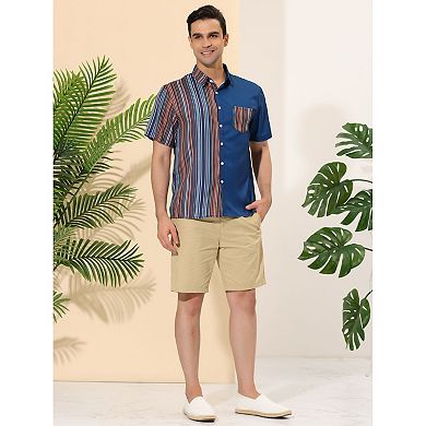 Men's Shirts Short Sleeve Summer Cotton Patchwork Button Down Shirts