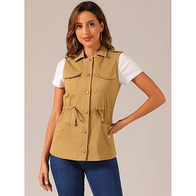 Women's Sleeveless Zip Up Drawstring Waist Cargo Vest Jacket