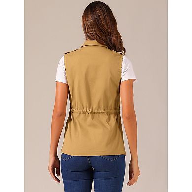 Women's Sleeveless Zip Up Drawstring Waist Cargo Vest Jacket
