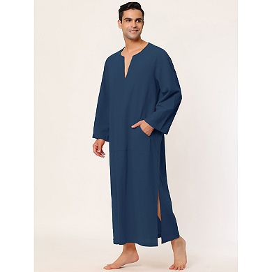 Men's Pajamas Cotton Sleepwear V-neck Side Split Long Gown With Pocket