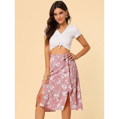 Women's High Elastic Waist Slit A-line Belted Floral Print Midi Skirt