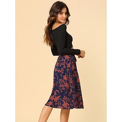 Women's High Elastic Waist Slit A-line Belted Floral Print Midi Skirt