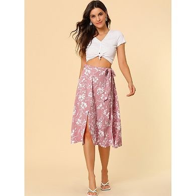 Women's High Elastic Waist Slit A-line Belted Floral Print Midi Skirt