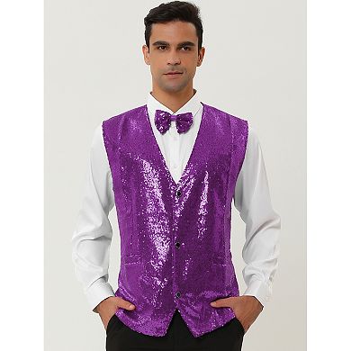 Men's Disco Shiny Sequin Vest Suit Waistcoat Set with Bow Tie