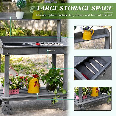 Outdoor Wood Planting Workstation Potting Bench Table W/ Large Storage Spaces