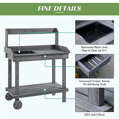 Outdoor Wood Planting Workstation Potting Bench Table W/ Large Storage Spaces