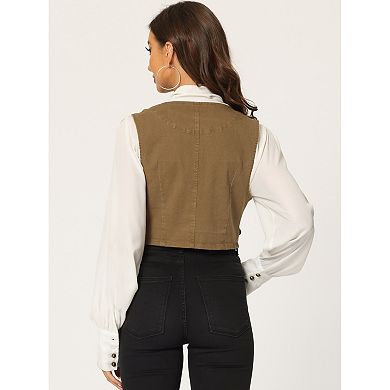 Women's Denim Button Up Scoop Neck Sleeveless Coppped Vest Jacket