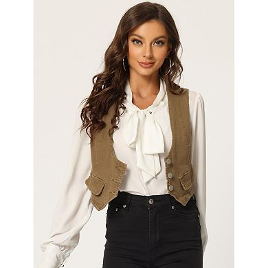 Women's Denim Button Up Scoop Neck Sleeveless Coppped Vest Jacket