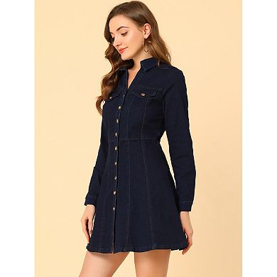 Women's Denim V-Neck Roll Up Sleeve Shirt Dress