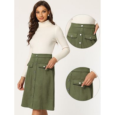 Women's Suede Skirt Knee Length Button Front Pockets Decor A-line Skirts