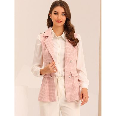 Women's Plaid Tweed Lapel Open Front Sleeveless Blazer Vest Jacket With Pocket
