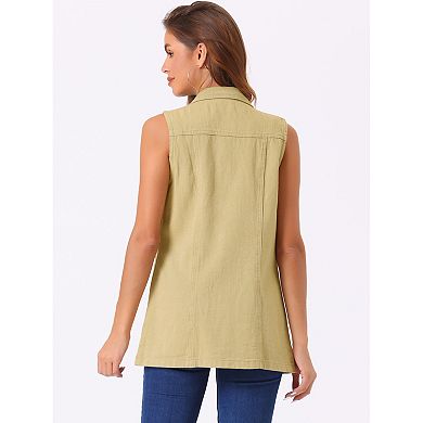 Women's Casual Button Down Sleeveless Pockets Mid-long Denim Vest