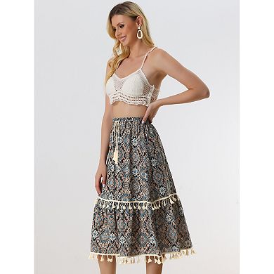 Women's Vintage Printed Elastic Waist Tiered Tassel Fringe Skirt