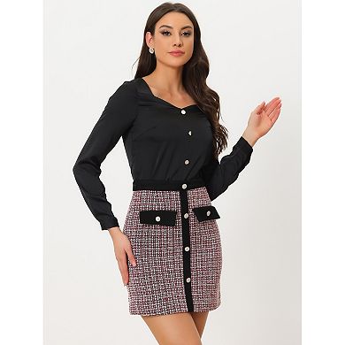 Women's Plaid Tweed Contrast Color Button Decor High Waist Mini Skirt