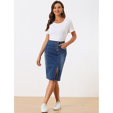 Women's Denim Skirt For Women's Button Decor Side Slit Slash Pocket Midi Skirt