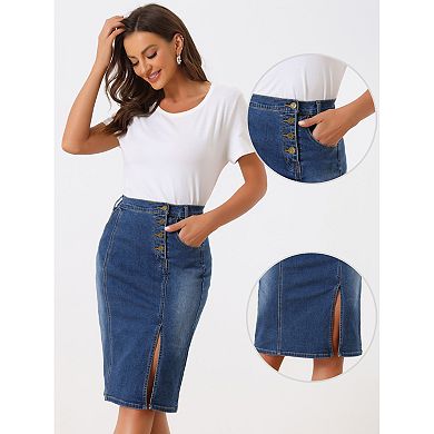 Women's Denim Skirt For Women's Button Decor Side Slit Slash Pocket Midi Skirt