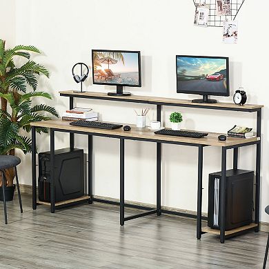 Wood Grain Double Computer Desk Table With Cpu Tower Shelf, Black/brown