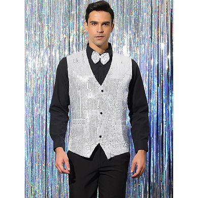 Men's Sequin Waistcoat Sleeveless Dress Suit Vest With Bow Tie