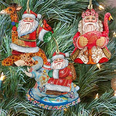 Set of 3 - Safari Santa Wooden Ornaments by G. DeBrekht - Christmas Santa Snowman Decor