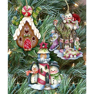 Set of 3 - Holiday Wooden Ornaments Gift Set by G. DeBrekht - Christmas Santa Snowman Decor