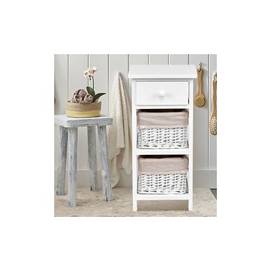 2 Pieces Bedroom Bedside End Table with Drawer Baskets-White