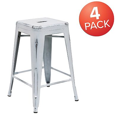 Emma and Oliver Commercial Grade 4 Pack 24" High Backless Distressed Metal Indoor-Outdoor Counter Height Stool
