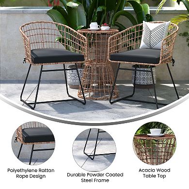 Emma and Oliver Ari Three Piece All-Weather Rattan Rope Patio Set with Acacia Wood Top Side Table and Two Chairs with Cushions