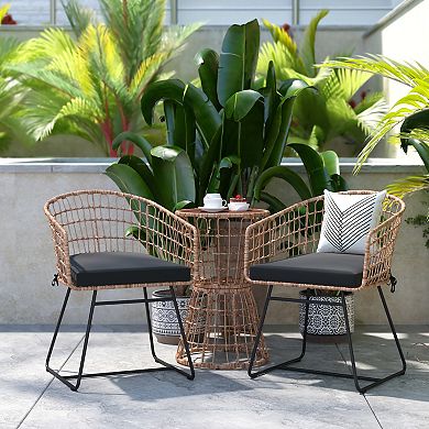 Emma and Oliver Ari Three Piece All-Weather Rattan Rope Patio Set with Acacia Wood Top Side Table and Two Chairs with Cushions