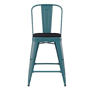 Emma and Oliver Nova Distressed Metal Stools with Backs and Polystyrene Seats for Indoor/Outdoor Use