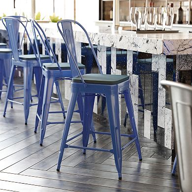 Emma and Oliver Kam Metal Indoor-Outdoor Stool with Removable Back and All-Weather Polystyrene Seat