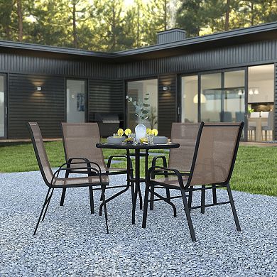 Emma and Oliver Five Piece Patio Table Set with Round Metal Table with Tempered Glass Top and 4 Flex Comfort Stacking Chairs