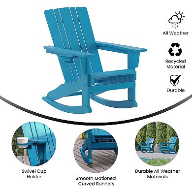 Emma and Oliver Haley Adirondack Rocking Chair with Cup Holder, Weather Resistant HDPE Adirondack Rocking Chair